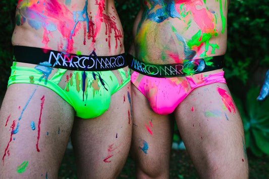 Model in Marco Marco Hover Brief Splattered in Paint